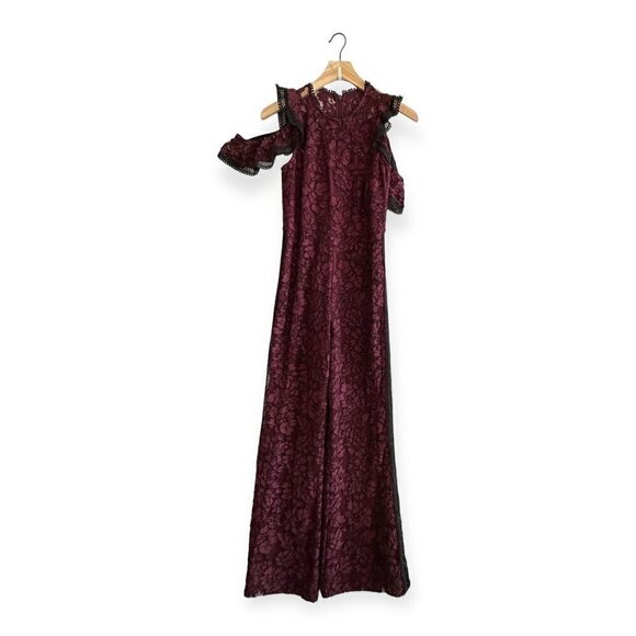 Alexis Philippe Lace Cold Shoulder Jumpsuit,  burgundy/ black,‎ Size S - Picture 2 of 16